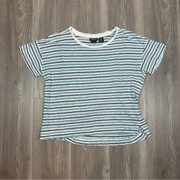 Jones & Co Blue White Striped Linen T-Shirt Medium Short Sleeve Coastal Summer - Picture 1 of 6